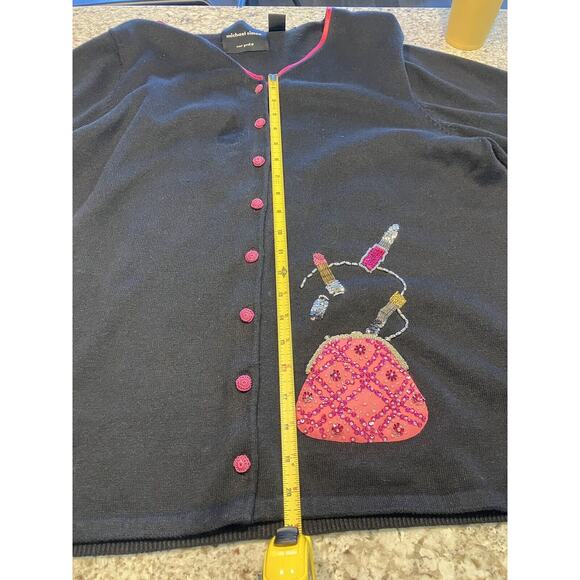 Michael Simon Womens Size 2XL Black Pink Cardigan Sweater Lipstick & Purse - Picture 14 of 15